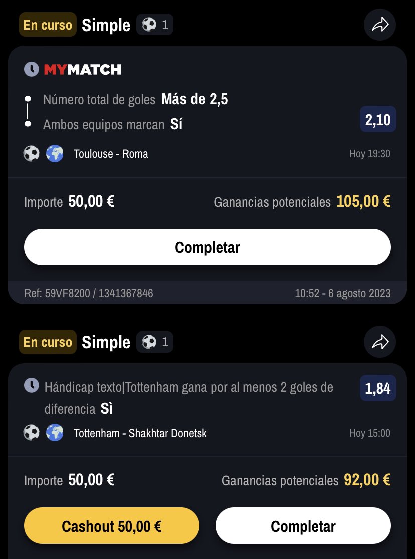 GiambiProno's tweet photo. Trat FC - Mas de 1,5 goles
1,84 | Stake 2

Gana Newcastle 
2.00 | Stake 1,5

Toulouse Vs Roma ABM + O2.5 goles
2,10 | Stake 1

Tottenham gana por dos o más goles
1.84 | Stake 1

Bilbao gana o empata
1.80 | Stake 2 https://t.co/WUED7tDhHk