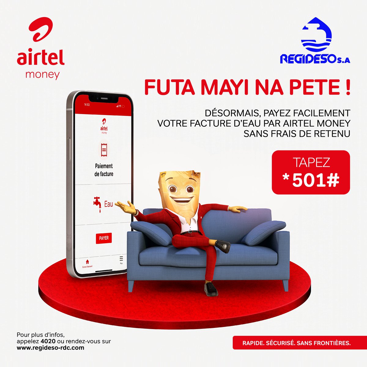 moneyairtel_rdc's tweet photo. FUTA MAYI NA PETE NA AIRTEL MONEY
C’est désormais possible de payer sa facture de la Regideso avec son telephone
Tapez seulement *501# et mayi ebimi ou allez sur https://t.co/f53VDpNmZu
Paiement disponible pour les factures de Kinshasa
#AirtelMoney | #Regideso #PaiementFacture https://t.co/Q2v0x2AP3Z
