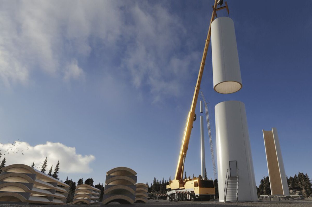 alex_avoigt's tweet photo. Modvion is a 🇸🇪 Swedish company that has invented the technology to use timber as the material for wind turbine towers. 

The company reports that opting for a timber tower over a steel one results in a remarkable 90 % reduction in carbon dioxide emissions. Furthermore, when the turbine reaches the end of its lifespan, the tower's modular segments can be effectively reused, offering an environmentally friendly approach.

A 30 mt turbine was already built, now a 100 mt tower should be completed this year and the next step is to reach 150 mt.

We have the solutions and only need to implement them!