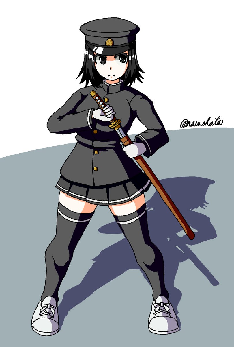akitsu maru (kancolle) 1girl solo weapon black hair thighhighs sword skirt  illustration images