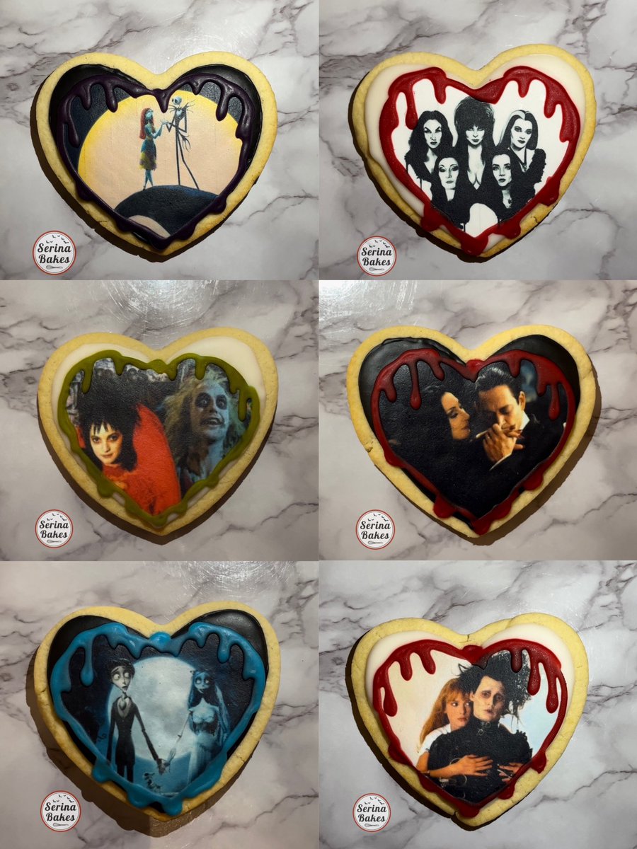 serinabakes's tweet image. Unbox with me! 🦇 Shortbread Heart Cookies will be available at all of our upcoming markets! 🫶🏻 #serinabakes #sugarcookies #shortbreadcookies #nightmarebeforechristmas #addamsfamily #edwardscissorhands #corpsebride #beetlejuice #elvira #vampira #lilymunster #heartshaped