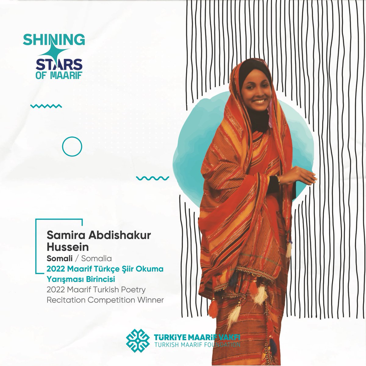 Maarif'in yıldızları parlamaya devam ediyor.​ ''Türkçe Şiir Okuma Yarışması''nda Somali birincisi olan öğrencimiz Samira Abdishakur Hussein'i tebrik ediyoruz. 🥇​ #ShiningStarsofMaarif