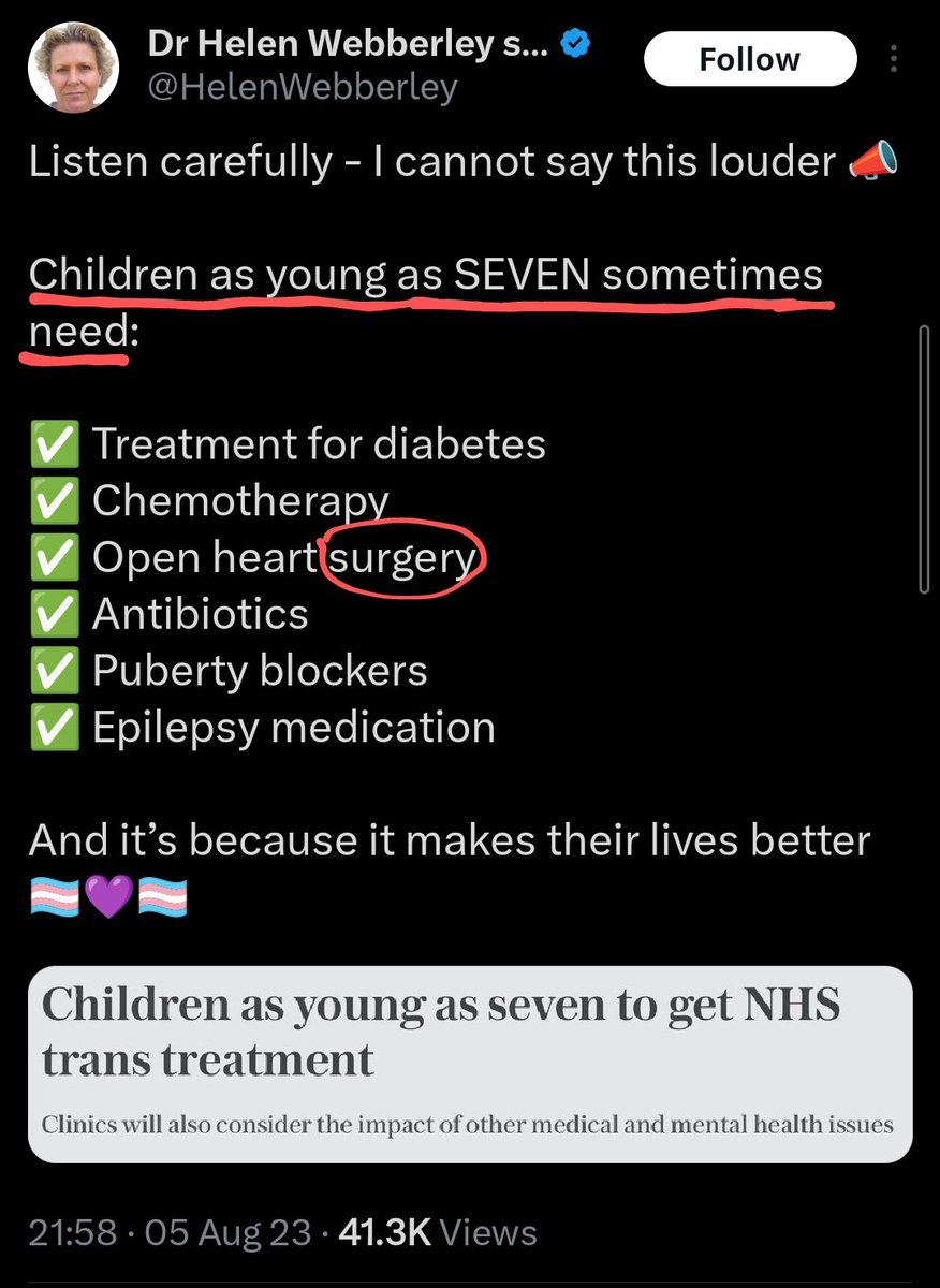 genderisharmful's tweet photo. Helen Webberley appears to be suggesting that children as young as seven "need" surgery for their 'gender affirmation'.

You have to wonder if her suggestion extends to the possibility of boys as young as seven having their penis cut off?

#GenderExtremism
#ChildMutilation https://t.co/Sd7ij4S1LR