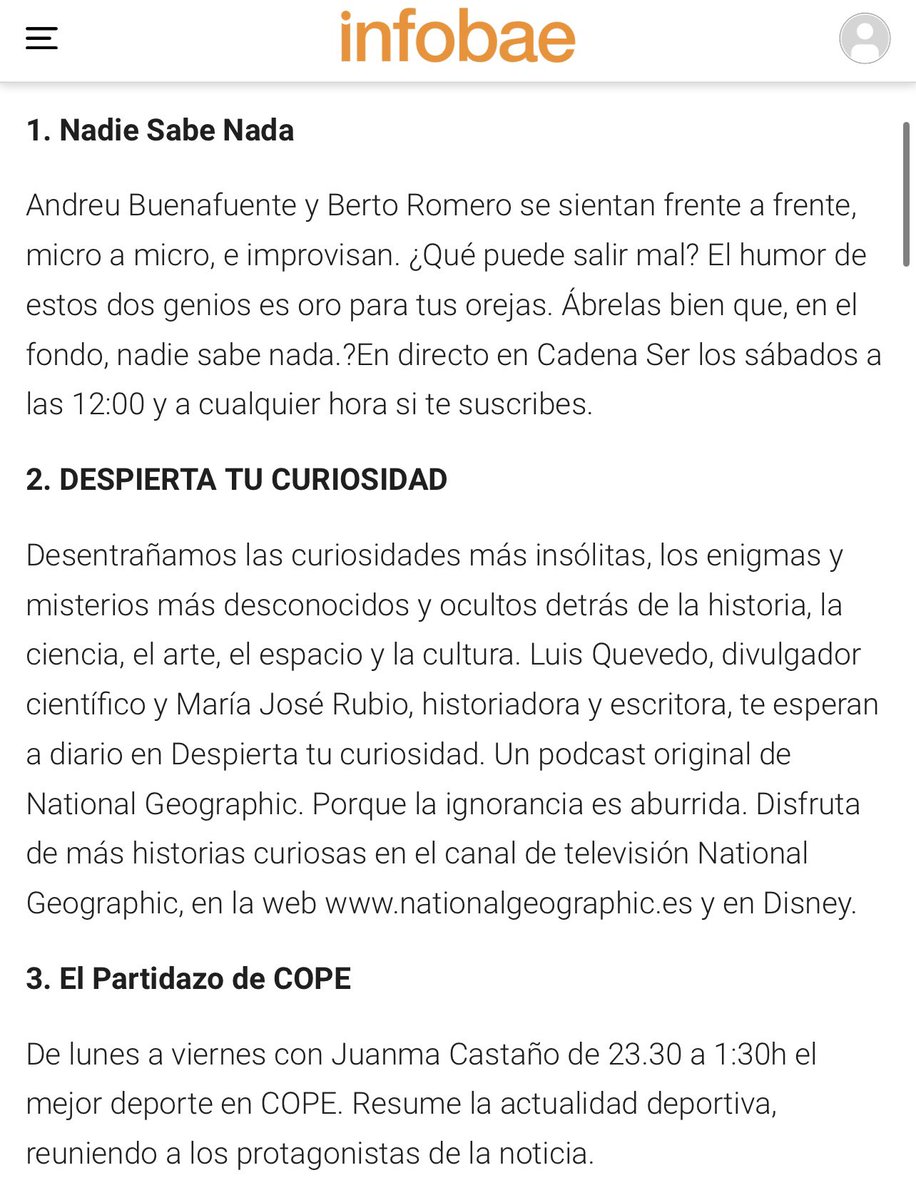 @luisquevedo.bsky.social (@luis_quevedo) on Twitter photo Estamos número 2 de los podcast más escuchados en 🇪🇸🥳 open.spotify.com/show/12CqPzHZX…
<a href="/mariajoserubio/">María José Rubio</a> <a href="/NatGeoEspana/">National Geographic</a> <a href="/infobae/">infobae</a> Estamos número 2 de los podcast más escuchados en 🇪🇸🥳 open.spotify.com/show/12CqPzHZX…
<a href="/mariajoserubio/">María José Rubio</a> <a href="/NatGeoEspana/">National Geographic</a> <a href="/infobae/">infobae</a>