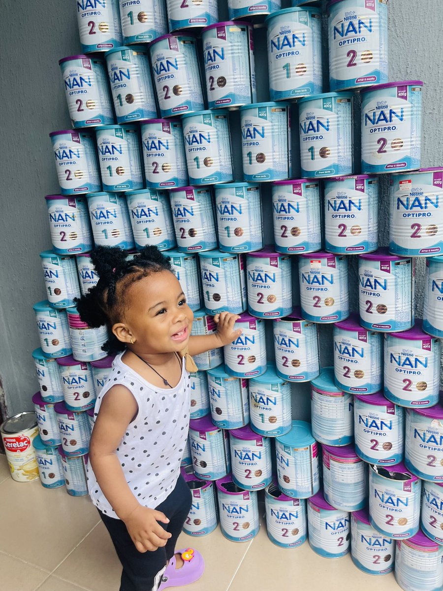 Preciousporche's tweet photo. These are some of the milk we consumed in just 1yr. We discarded some of them before I remembered to start saving them for her to see it when she grows up🤣. She definitely enjoys the milk, and it has contributed so well to her growth. See the way she’s laughing🤣. @Nestle https://t.co/U5238tlPhp