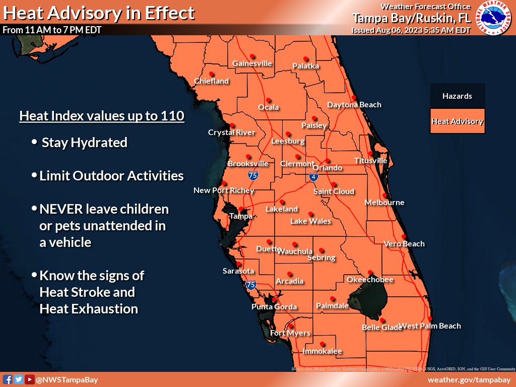 NWSTampaBay's tweet photo. A Heat Advisory is in effect today for all of the Florida peninsula including West Central and Southwest Florida. Stay Weather-Ready by learning the symptoms of excessive heat exposure and the appropriate responses at https://t.co/B4iTRlPnnu. 🥵#flwx https://t.co/WoZqw7Ira4