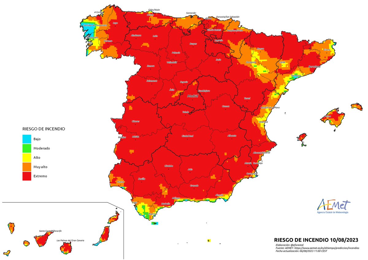🚨ATENCIÓN
En los próximos días vamos a tener una situación de
🔥Riesgo 🔴EXTREMO en gran parte del país. 
¡Mucha precaución!
En muchos lugares están reguladas las actividades al aire libre. Consulten a las autoridades de su Comunidad. 
[Fuente:<a href="/AEMET_Esp/">AEMET</a> aemet.es/es/eltiempo/pr…]