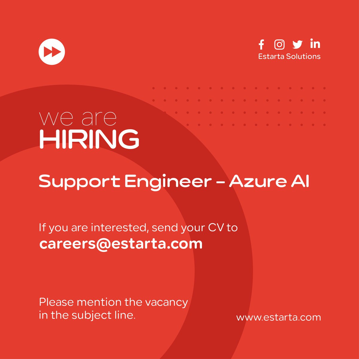 Estarta's tweet image. Estarta is on the lookout for an Amman-based Technical Support Engineer [Azure AI] with at least five years of experience.

Interested candidates are asked to email careers@estarta.com

#OpenAI #CognitiveServices #AzureMachineLearning #Python #RESTfulAPI #VisualStudio