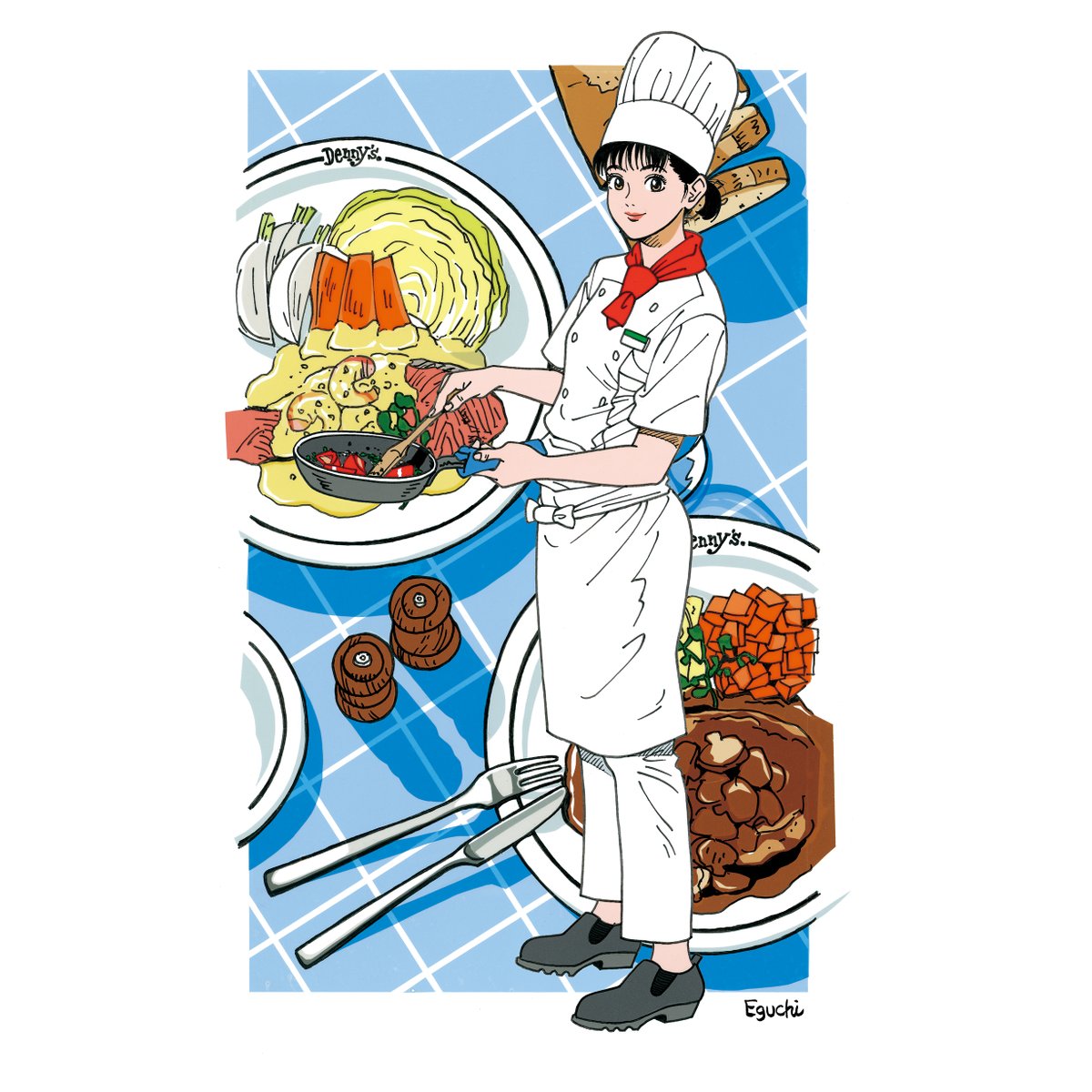 1girl solo chef food chef hat black hair hat  illustration images