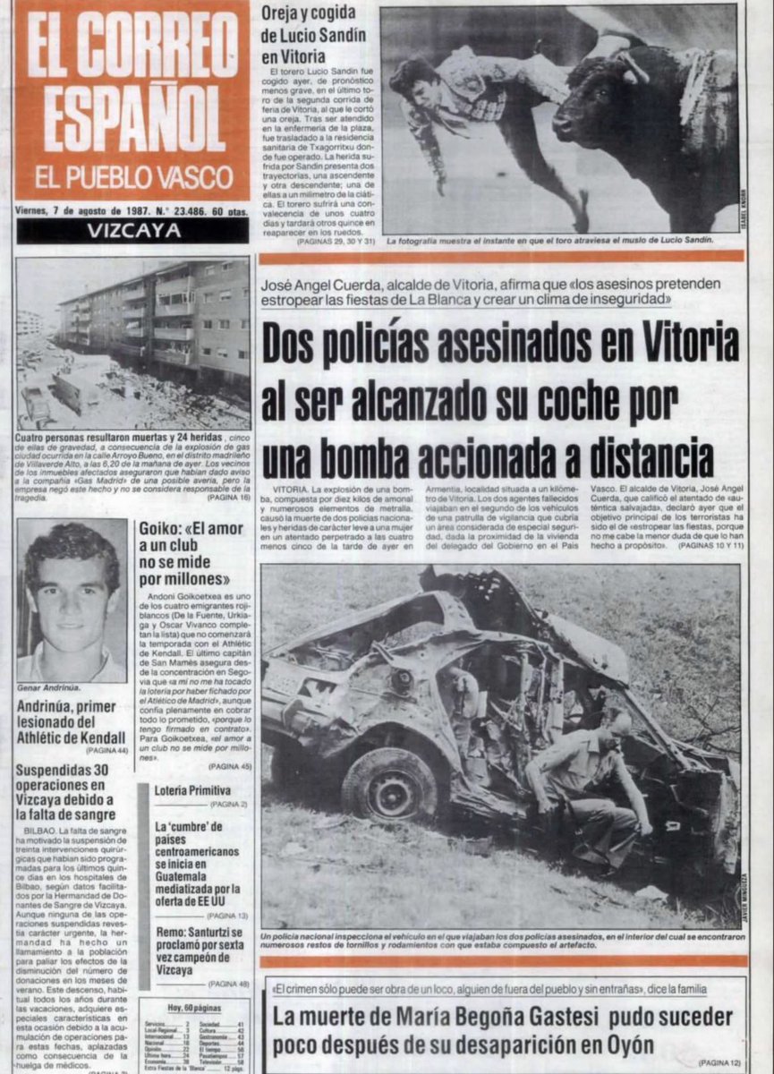 #TalDiaComoHoy de 1987 #ETA celebró las #fiestasdelablanca en #VitoriaGasteiz asesinando con un coche bomba a Rafael Mucientes y Antonio Ligero, eran <a href="/policia/">Policía Nacional</a>. La explosión fue brutal, el coche quedó convertido en un revoltijo de hierros y plásticos.

¡Esto era ETA!

HILO ⤵️
