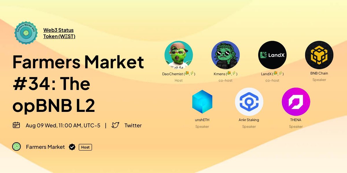 Exciting times! We're honored to be part of Farmers Market #34 alongside @BNBCHAIN, @ankrstaking, @unsheth_xyz, and more. opBNB's mainnet launch is just around $THE corner - don't miss this panel ⚡️ ⌛️ Aug 9 / 4 PM UTC ✨ Hosted by @DaoChemist @landxfinance @Kmens5 🏦…