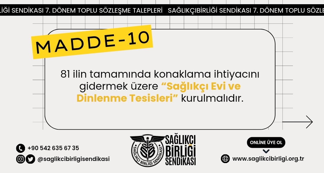 Öğretmenevi veya farklı kurum personellerinin konuk evlerinden yararlanıp haklarını gasp etmek istemiyoruz. Sağlık Bakanlığı bünyesinde Sağlıkçı Evi ve Dinlenme Tesisleri kurulmasını 7. Dönem Toplu Sözleşme pazarlığından Sağlıkçı Birliği olarak talep ediyoruz!