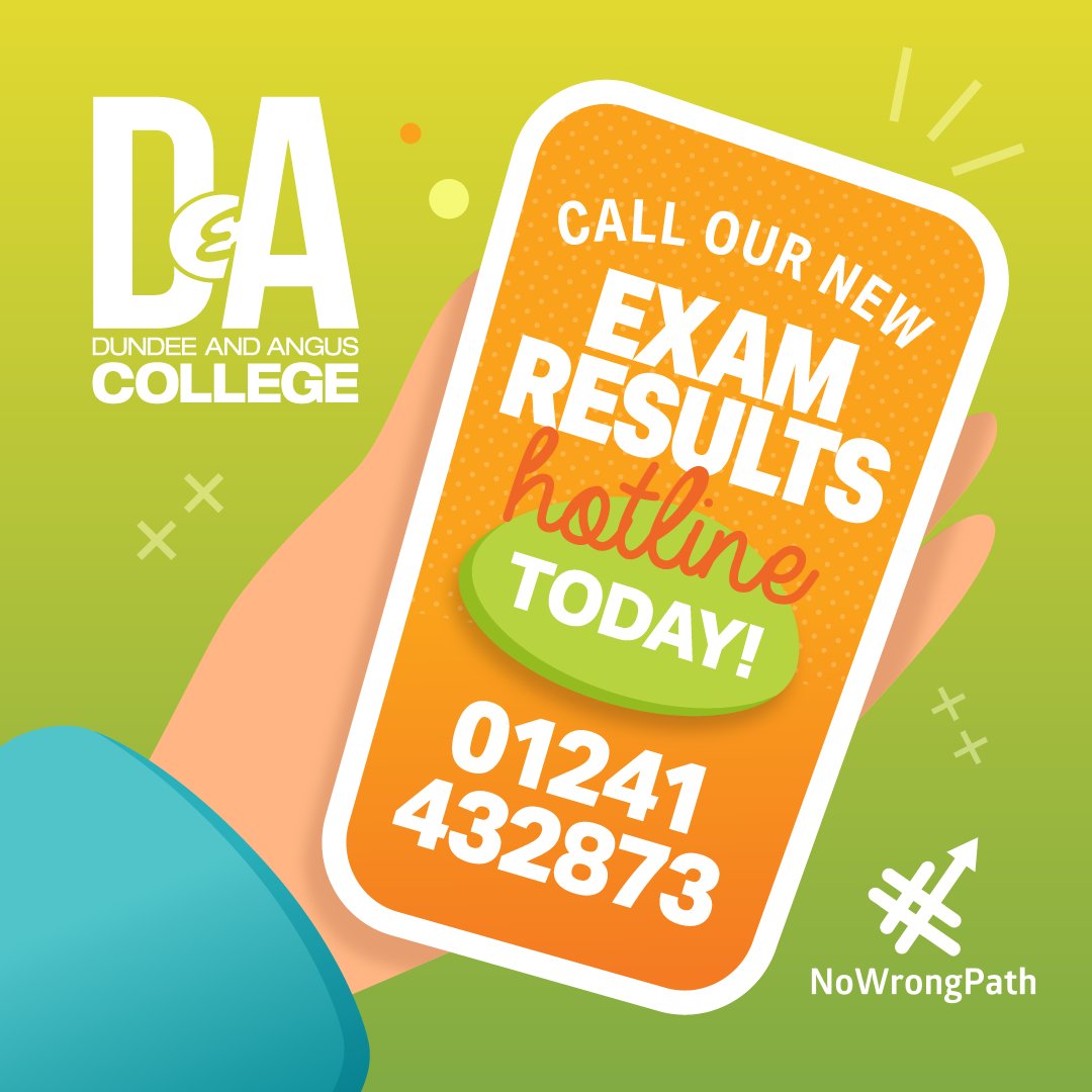 dundee_angus's tweet photo. It's nearly #SQA exam results week! 😬 We've got a dedicated hotline open all week to chat to one of our team about what to do next. 👇
🗓️ Open from Monday 7th – Friday 11th August.
⌚ 8:45am – 16:30pm
📞 01241 432873

#DAtherightplace #ChooseCollege #ChooseDA #NoWrongPath https://t.co/wVogutFucj