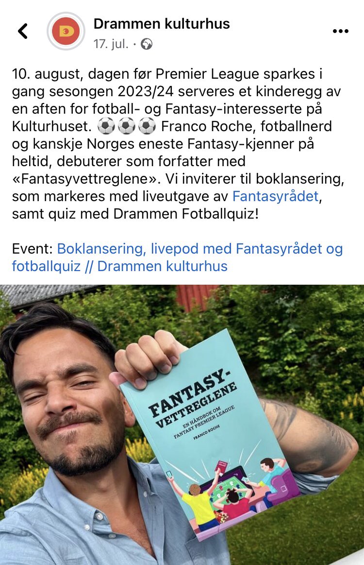 Førstkommende Torsdag, 10. august. Drammen Kulturhus, 8 min gange fra Drammen Stasjon. Dørene åpner 18.00. Boklansering med <a href="/Francoroche/">Franco Roche</a> Live podcast med <a href="/fantasyradet/">Fantasyrådet</a> og Quiz med undertegnede/Drammen Fotballquiz.