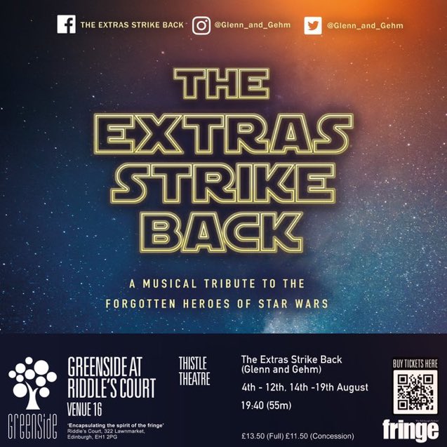 @elizabstevensx The Extras Strike Back: A Musical Tribute to the Forgotten Heroes of Star Wars!

Our Musical cabaret retells the story of Star Wars from the back ground characters point of view! 

Tickets are selling fast so come check us out!