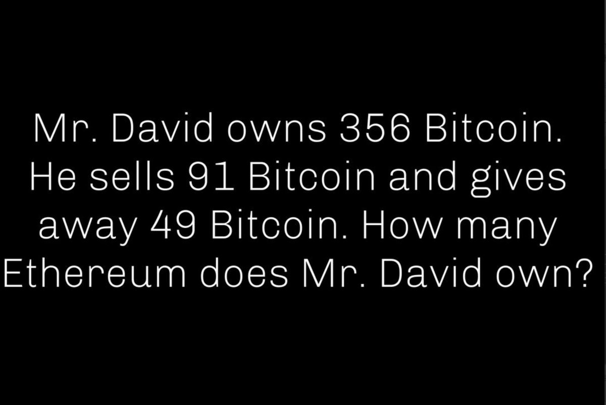 For Genius Minds🧠 Mr. David owns 356 #Bitcoin. He sells 91 #Bitcoin and gives away 49 #Bitcoin. How many #Ethereum does Mr. David own? #Crypto #Ethereum #Catpay #Bitcoin #BTC #Catecoin #Bnb #ETH #Web3 #p2egames #BTC