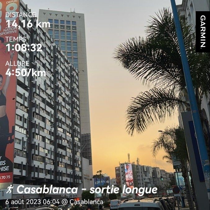 Sortie longue.
Distance :14,16 km.
Temps : 1h08.
Allure : 4:50/km. 
#running #RunningWorldCupClashes #lifestyle #casablanca #runninglife #motivation #discipline