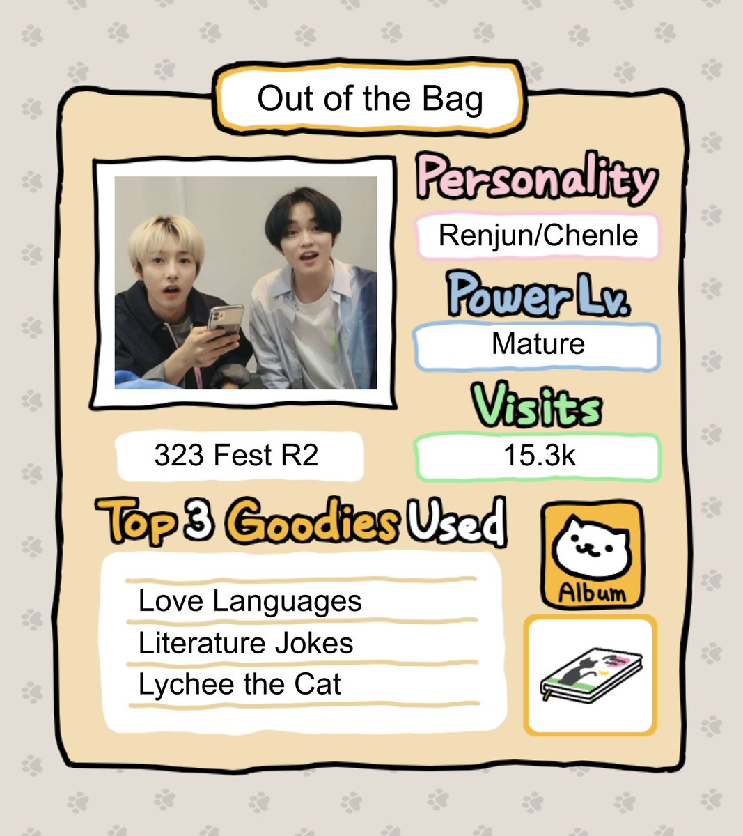 Out of the Bag

🐈 one-shot, 15.3k 
🐈 renle (renjun/chenle)
🐈 cat café au, fwb to lovers, fluff and humour, this is dumb plot trying to cover up as deep and poignant commentary on poetry, etc.
🐈 m for non-explicit sexual content
🐈 written for <a href="/323fest/">RENJUN FEST (CLAIMING)</a> 

🐈 link in replies