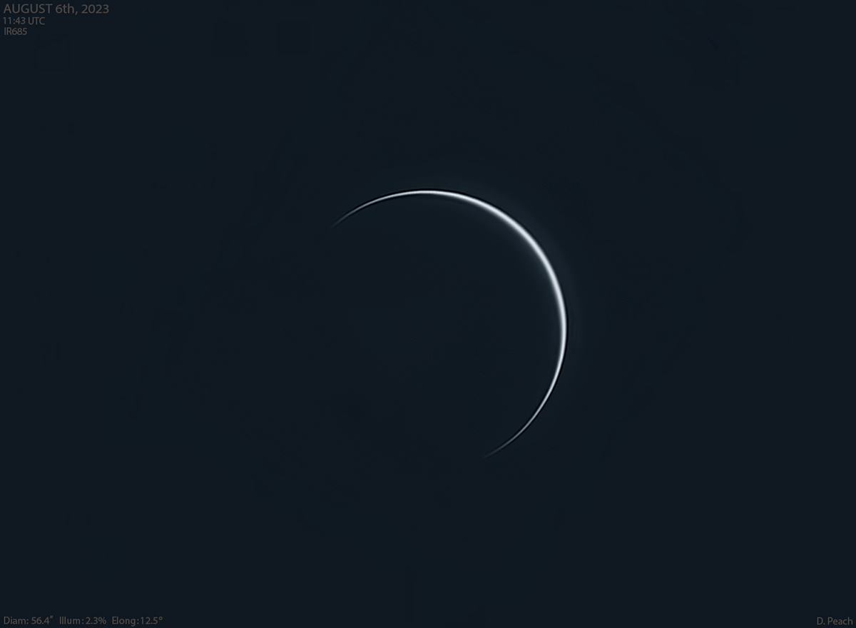 Crescent #Venus captured earlier today. Average seeing. The phase is now very narrow on approach to inferior conjunction. C14 with QHY200M. IR685 filter.