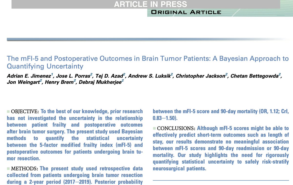 NeuroOncSurgery's tweet photo. Here,@jimenezae17 used #Bayesian methods to characterize post-op #outcomes in #frailty patients

mFI-5 scores may be useful in predicting short term #outcomes but not long term outcomes such as 90-day mortality
https://t.co/ZnYjuf1Y7O

@WorldNeurosurg @ColumbiaNeuro @HopkinsNsurg https://t.co/4zflCiaa8G