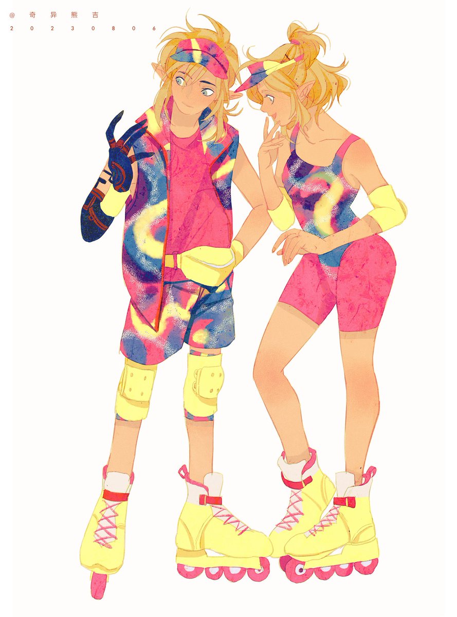 link skates roller skates 1girl 1boy blonde hair pointy ears visor cap  illustration images