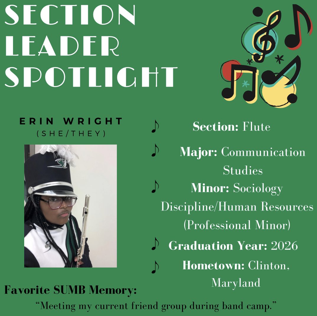 Meet today’s Section Leader, Erin! Erin is the leader of our flute section, and she has two different types of minors! More Section Leader Spotlights to follow! #stevensonuniversity #stevensonuniversitymarchingband #sectionleaders #sumb