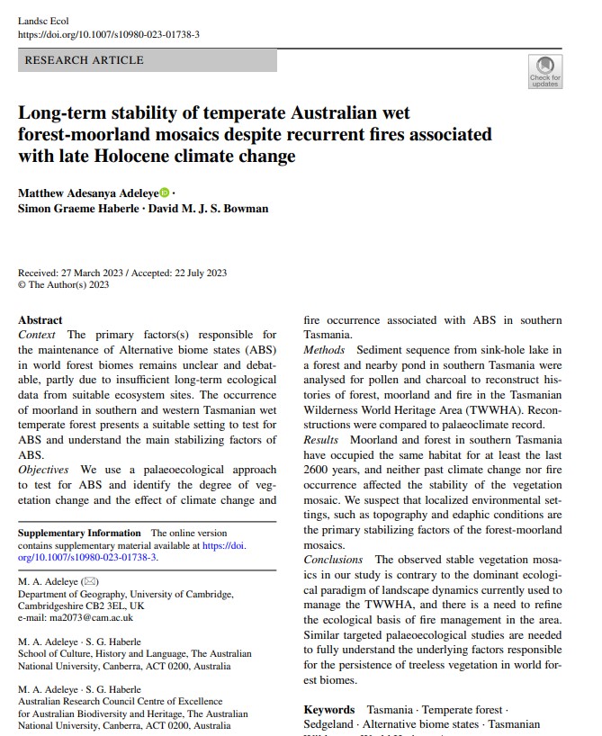 Our (myself, @thatpollenguy et al) new study shows that the coexistence of forest and treeless vegetation in #Tasmania rainforest area is due to edaphic conditions and not burning, as implied by the #AlternativeBiomeState framework. Link to paper: tinyurl.com/TasFor