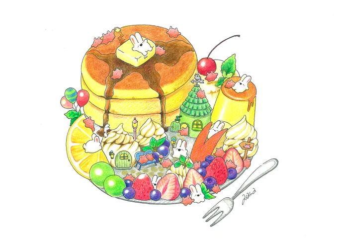 「ドコドコカフェ住みうさぎ」¥88,000(税込)A4 / 色鉛筆、ボールペン / 額装済み一昨日完成したばかりで、まだ額装中で会場でのお披露目前です。会場で展示後の発送となります。 