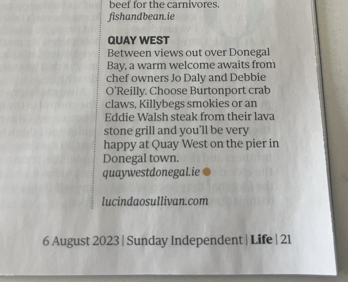 Absolutely thrilled that @DonegalQuayWest has been included in @LucindasIreland “ A to Quay of Seafood by the Sea” in @SundayIndoLIFE magazine. Her favourite top 20 seafood venues on the coast !! 🤩🙏🏻

#lifesundayindo #quaywestdonegal #top20