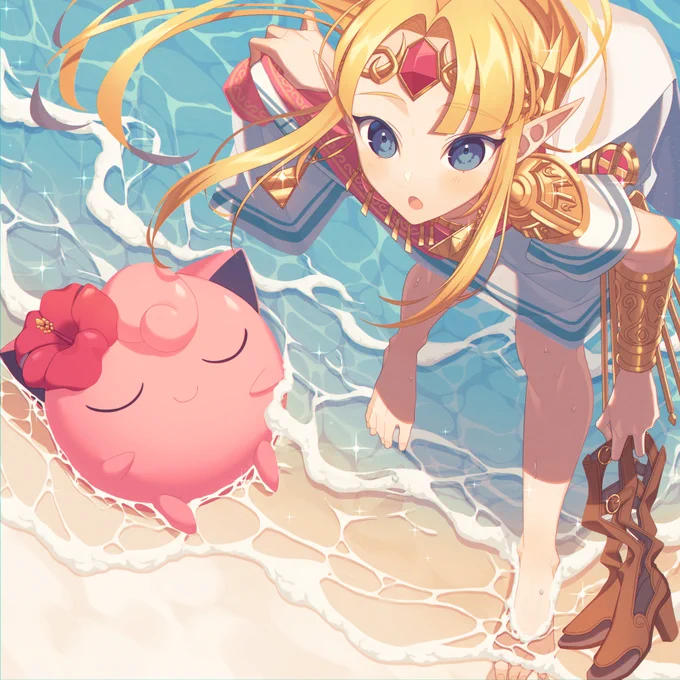 夏満喫中のゼルダちゃんとプリンちゃん(過去絵リメイク)  海行きたい…