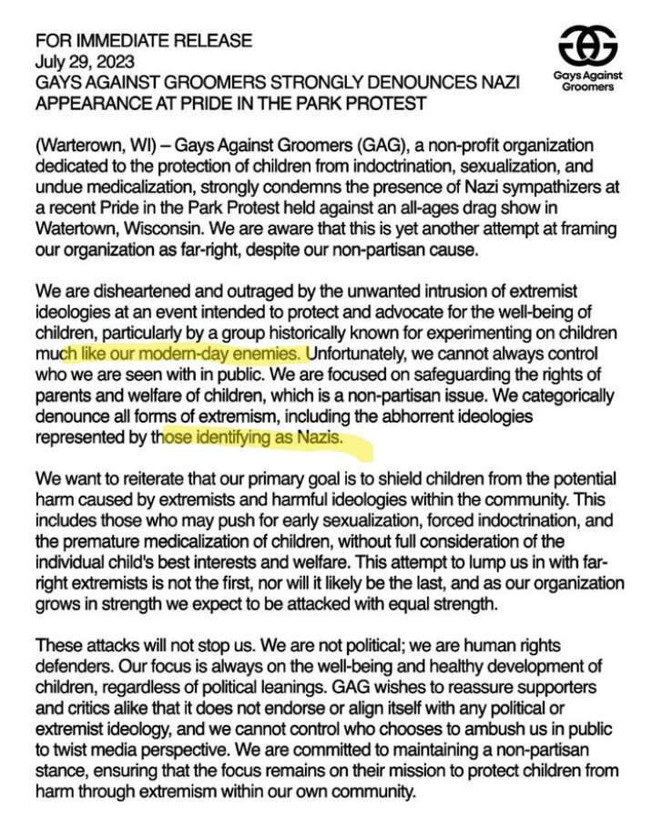 I totally missed this.

Apparently Gays Against Groomers had to denounce the Nazis that showed up to their protest.

Funny how these folks keep showing up huh? Must be a huge coincidence.