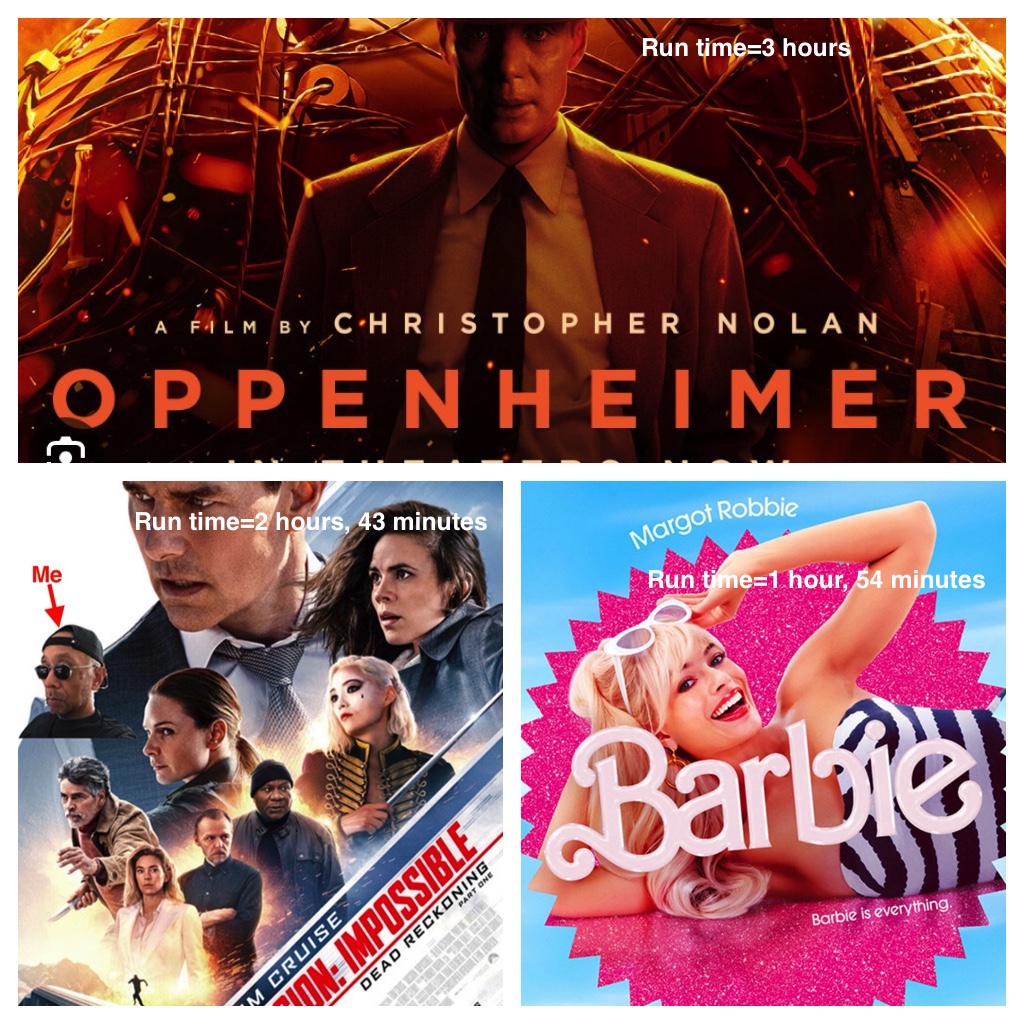 hugh_murchison's tweet image. With run times as shown, @OppenheimerFilm is much better than @MissionFilm and @Barbie! Viewers get more movie for their money with @Chris_Nolann's movie!

The Golden Corral School of Radio, TV, Film, and Podcasts gives OPPENHEIMER five belt notches!
