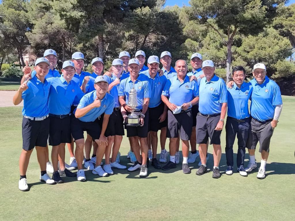 indiagolfweekly's tweet photo. Non-playing captain Rishi Narain celebrates with his
@The_APGC team as they beat Europe 17-15 in a thrilling finish to the #BonallackTrophy at La Manga Club, #Spain https://t.co/Bsfu3X7eEE