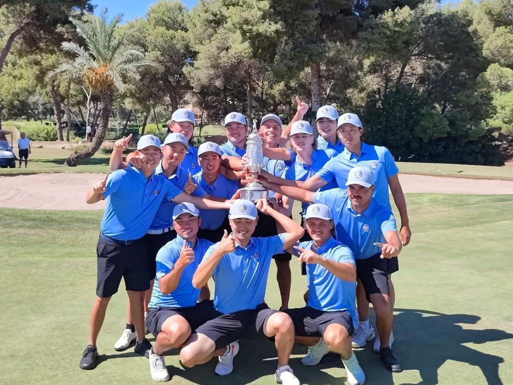 indiagolfweekly's tweet photo. Non-playing captain Rishi Narain celebrates with his
@The_APGC team as they beat Europe 17-15 in a thrilling finish to the #BonallackTrophy at La Manga Club, #Spain https://t.co/Bsfu3X7eEE