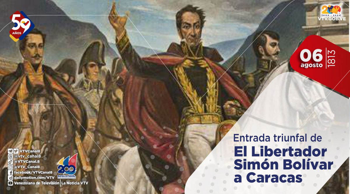 IEEJuanPabloP's tweet photo. @VTVcanal8 #EFEMÉRIDE🗓️| El General Simón Bolívar, el #06Ago de 1813, entró triunfante a Caracas, finalizando con éxito la Campaña Admirable e iniciando así la Segunda República de Venezuela, con esta hazaña épica la Patria le otorgó el título de El Libertador.

#NicolásNoArruga https://t.co/BpE2JzVzdy