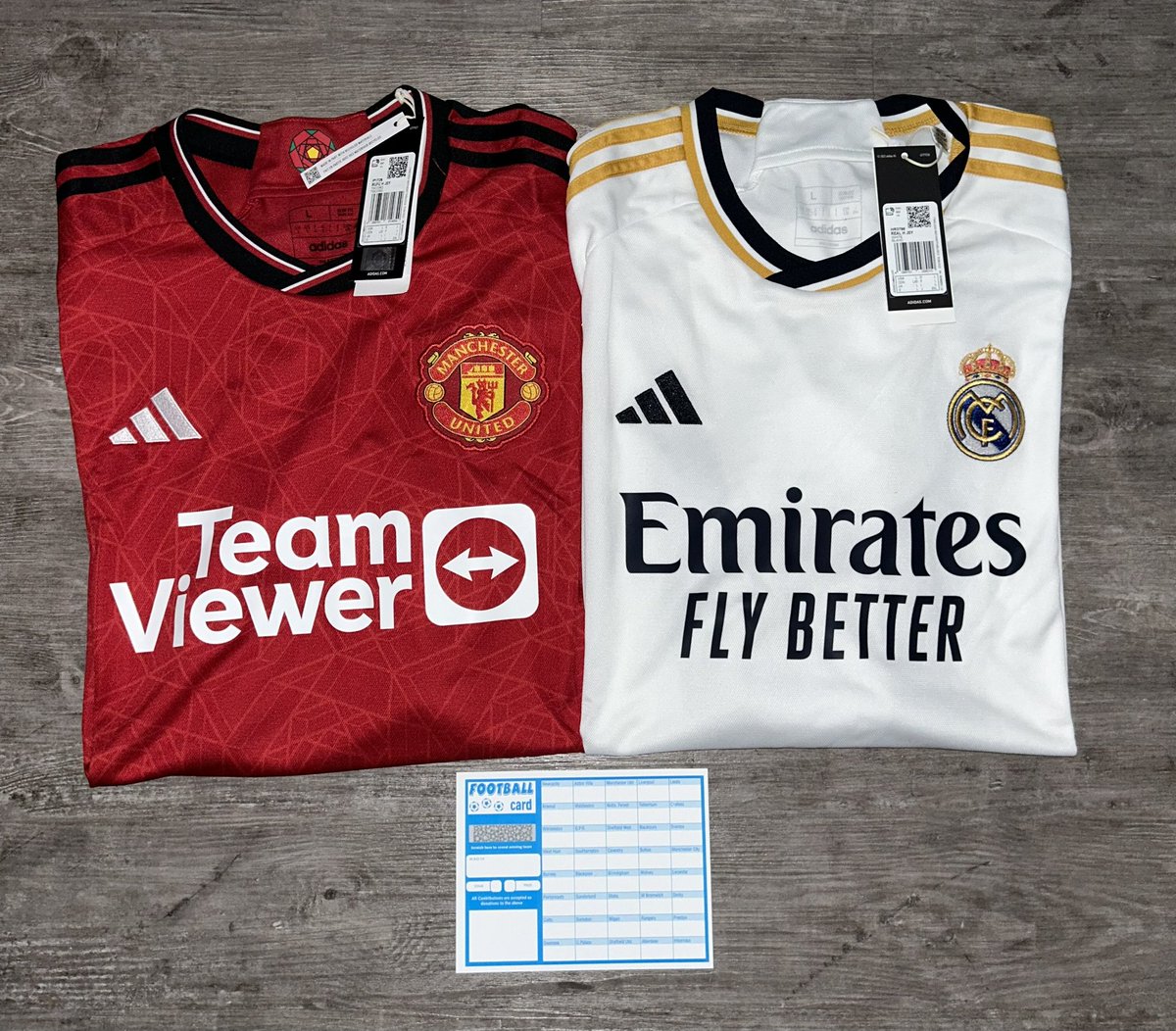 🔴⚪️ Raffle! 🔴⚪️
—
Here we have the Man Utd home 23/24, and the Real Madrid home 23/24, with the winner taking the shirt of their choice.

Both shirts are a Large, BNWT and spaces on this one are £2.50 each, or 3 for £7. Let me know how many you’d like.

Good Luck!