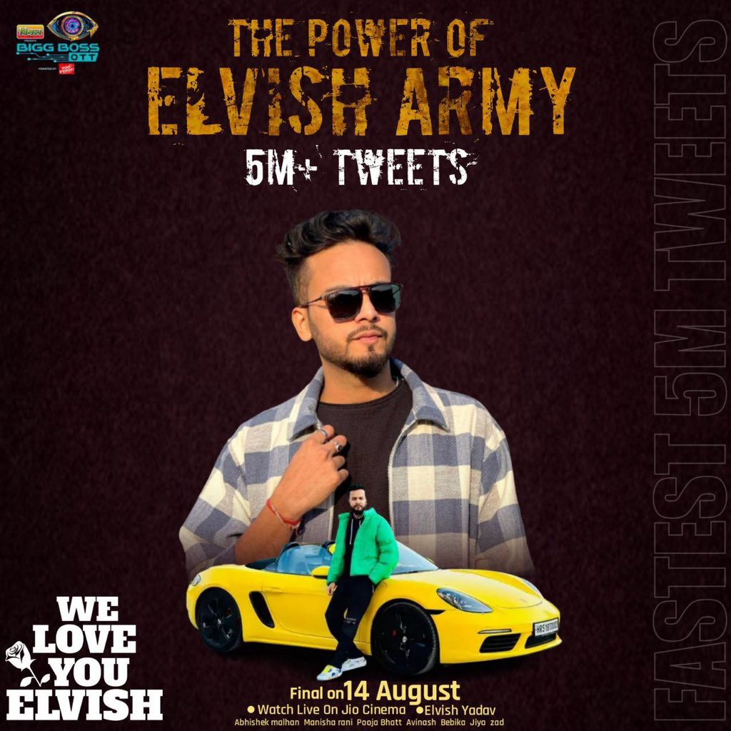AKSHAT_RANAJI's tweet photo. Huge congratulations to all the passionate Elvish Yadav fans for hitting "FASTEST 5 MILLION" tweets and trending at number 5 across India on Twitter! 🇮🇳

Your love and support are truly extraordinary 💥

And a special shoutout for setting the "RECORD OF THE FASTEST 5 MILLION TWEETS" in Bigg Boss OTT history! 🚀📈 

Keep shining and supporting #ElvishYadav 🛐
Love you #ElvishArmy ❤️

WE LOVE YOU ELVISH