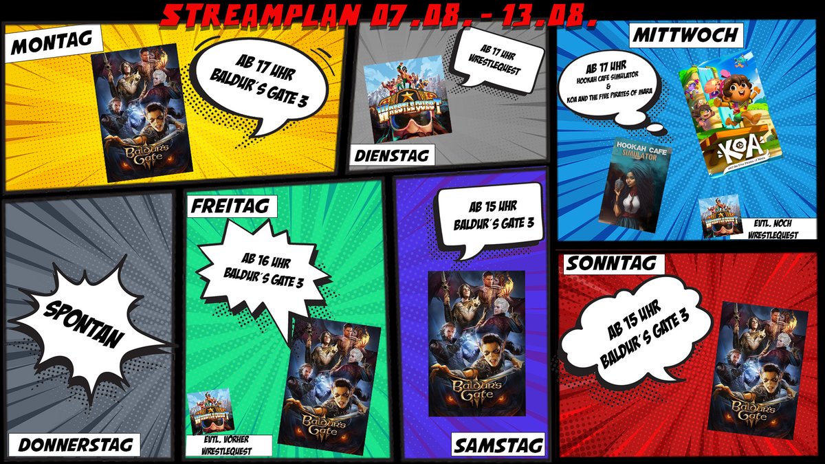 DayWalker311's tweet photo. Der Streamplan für die kommende Woche ist fertig :)
#baldurgate3 #WrestleQuest #twitch #TwitchDE https://t.co/PjL5NckTHi