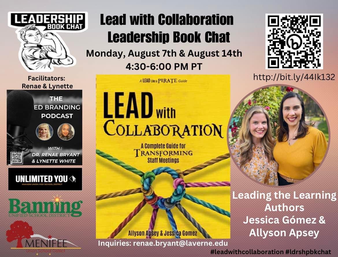 Please share…

Want 2 make your mtgs more engaging & impactful? Then join us 4 the FREE #LeadWithCollaboration #Ldrshpbkchat Mon, 8/7 & 8/14. Authors, Jessica Gomez & Allyson Apsey will ld the learning. #UnlimitedYou #EdBranding #LEADLAP #TLAP 

Reg at: bit.ly/44Ik132