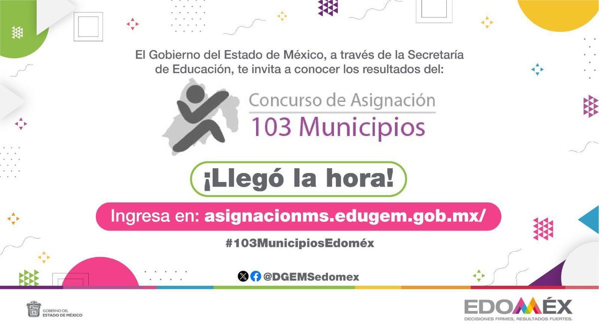 ¡Atención! Ya puedes consultar los resultados del Concurso de Asignación de los #103MunicipiosEdomex para el ingreso a la #EducaciónMediaSuperior
<a href="/DGEMSedomex/">DGEMS</a> 
👉🏼 bit.ly/45bmBPg