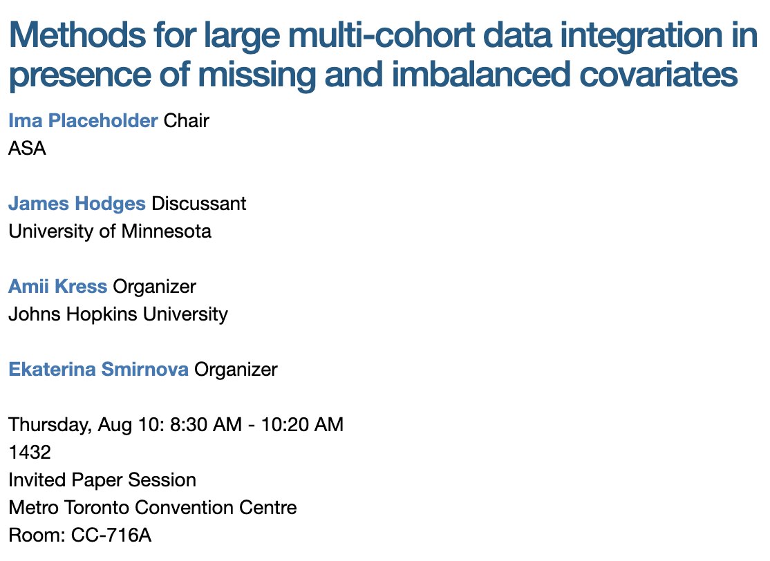 Debashree Ray (@drdebashreeray) on Twitter photo 📢 Stat/Epi trainees attending #JSM2023: I am looking to hire postdoc/MS-level research associate in a few months.
If interested in my team's research, consider meeting me either after my talk (session info below) or any day before.
<a href="/AmstatNews/">ASA</a> <a href="/ASA_SSGG/">ASA Section on Statistics in Genomics and Genetics</a> 📢 Stat/Epi trainees attending #JSM2023: I am looking to hire postdoc/MS-level research associate in a few months.
If interested in my team's research, consider meeting me either after my talk (session info below) or any day before.
<a href="/AmstatNews/">ASA</a> <a href="/ASA_SSGG/">ASA Section on Statistics in Genomics and Genetics</a>