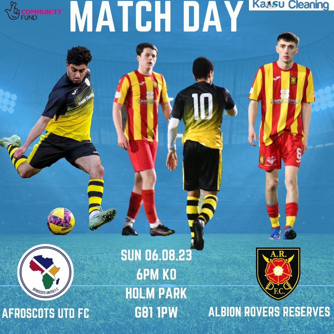 Friendly game tonight vs @albionrovers reserves!

This fixture is always exciting⚽️🔥

Please come support our boys💪

6pm KO 
Holm Park
G81 1PW

#afroscots #albionrovers #scottishfootball #youngtalents #tnlcommunityfund #footballfriendship