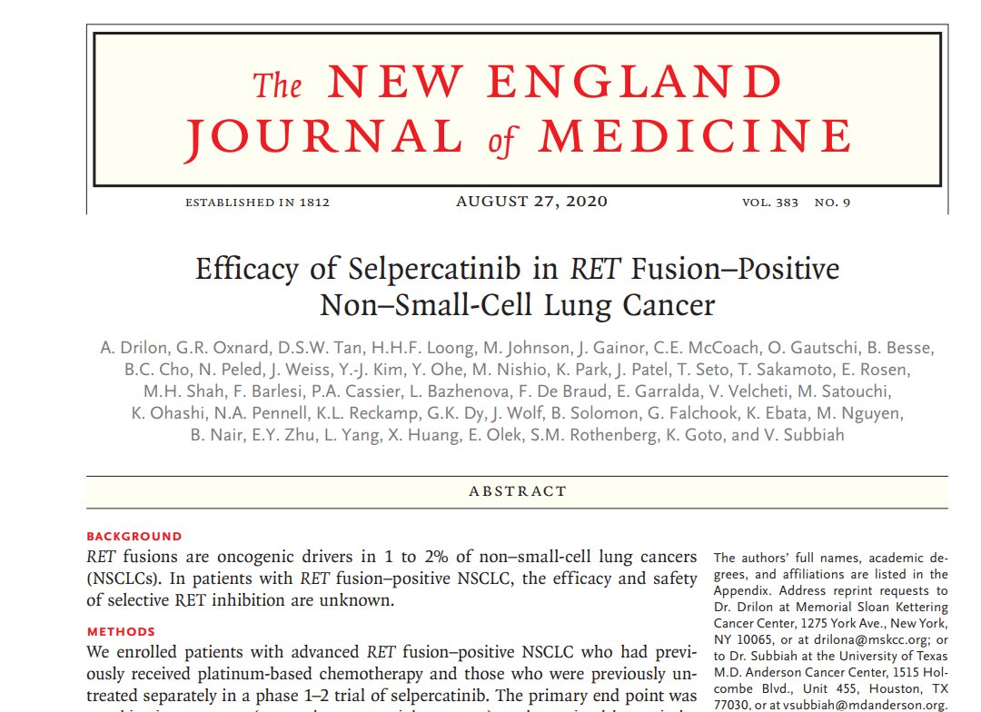 VivekSubbiah's tweet photo. 🚨Big news for the RET positive patients👉Selpercatinib demonstrates superior PFS vs PD-1 Inhibitor+ Chemotherapy for Newly-Diagnosed RET+ Non-Small Cell Lung Cancer. 
Knew this baby would graduate with honors right from the 1st ever patient enrolled on the trial. #NSCLC #LCSM #PrecisionMedicine 🎯🧬
👉Still recalling the call to the company after the first-ever patient in the study during the initial week. "This drug is highly potent. We must act swiftly to reach the dose & secure rapid FDA approval. Our patients needed it yesterday" @OncoAlert @OncBrothers 
Congrats to all @RETpositive patients, global investigators, trial staff & colleagues @LoxoLillyOnc  
👉Links to practice changing papers in @NEJM x2 and @TheLancetOncol & Press release 
 👉https://t.co/M483whloyf
👉
https://t.co/gfpwvAx6YI
👉
https://t.co/ZhJdUqAbtP
👉
https://t.co/JbXI4Rwd41