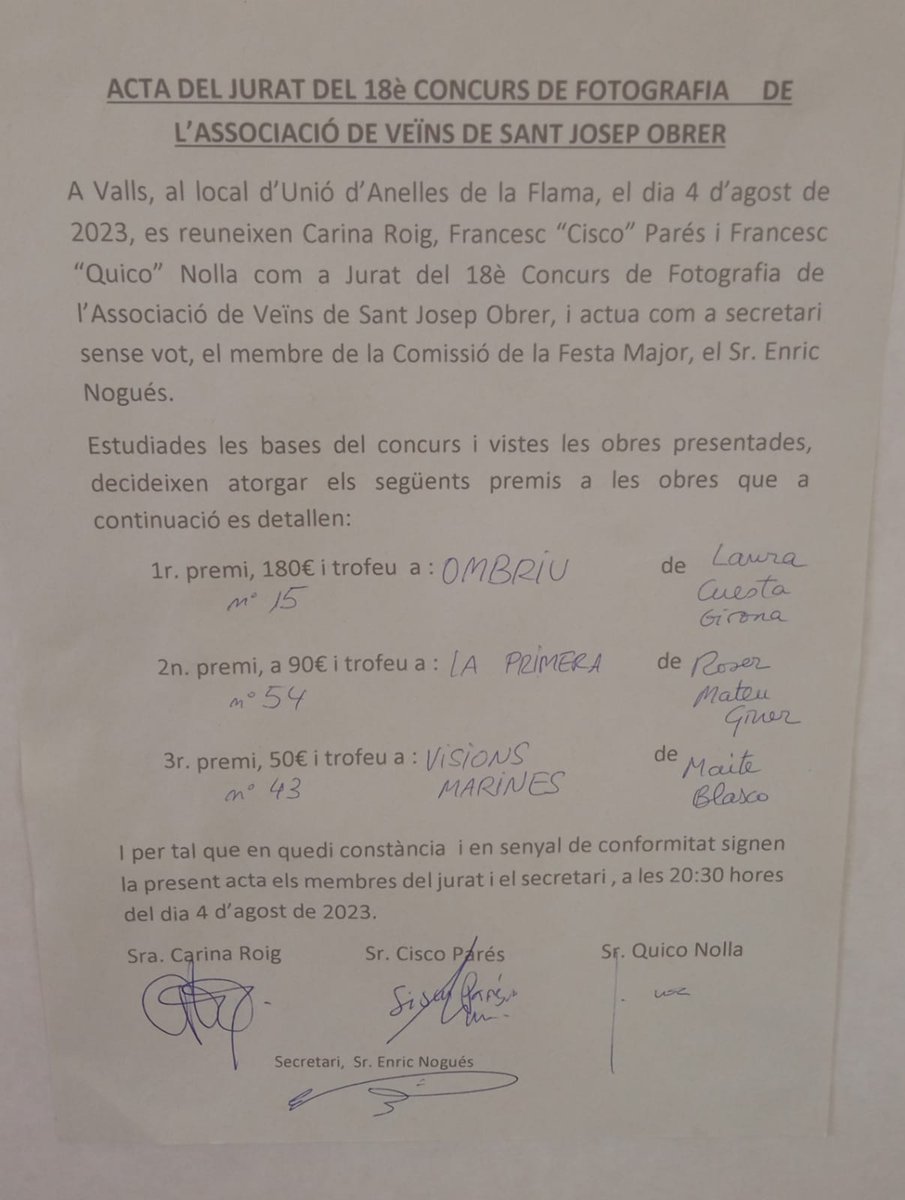 avvstjosepobrer's tweet image. 📸18é CONCURS DE FOTOGRÀFIC
🏘️SANT JOSEP OBRER #Valls 

Guanyadores:

1r premi: Laura Cuesta amb "Ombriu"
180€ i trofeu

2n premi: Roser Mateu amb "La primera"
90€ i trofeu

3r premis: Maite Blasco amb "Visions marines"
50€ i trofeu

Enhorabona a totes tres❗️

Continua 🧵⬇️