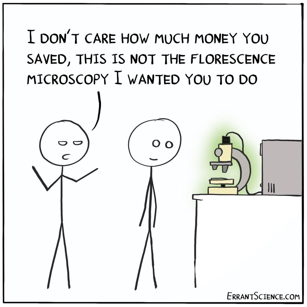 ErrantScience's tweet photo. Fun fact: Florescence microscopy does not involve fluorescent microscopes #Microscopy https://t.co/y2C3oumQZt