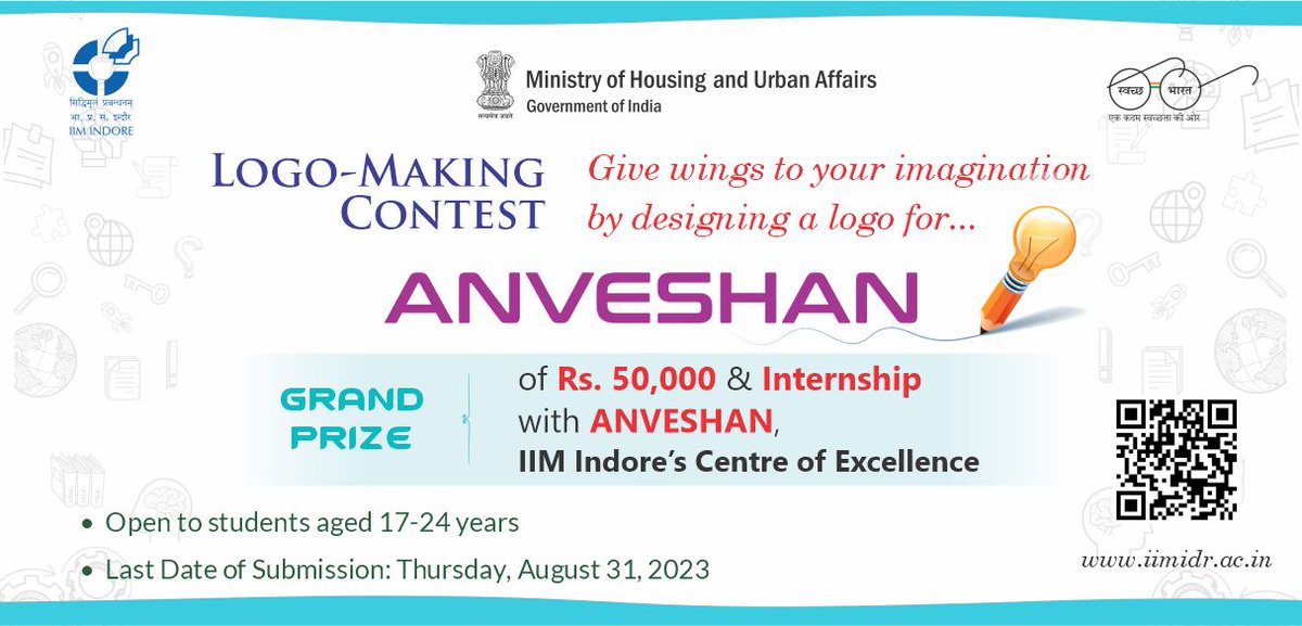 IIM_I's tweet photo. Be a part of #ANVESHAN's logo-making competition &amp; make this world greener &amp; cleaner! Show us your artistic flair and stand a chance to win a grand prize of Rs. 50,000 and an internship with us.
Last date: Aug 31, 2023.
Details: https://t.co/3Y57vMQAWd

#IIMIat26 #SwachhBharat https://t.co/pciHCivXgJ