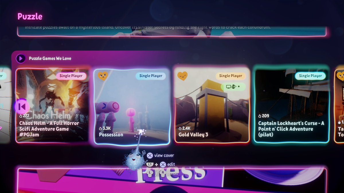 thyongamer's tweet photo. At least #PossessionGame still in the puzzle section. Yah! Just can’t change my thumbnail to 2nd pic because Dreams covers is bugged (reported) for older creations it seems. #MadeInDreams https://t.co/8zXgkhazM4 https://t.co/vrrU717AGL