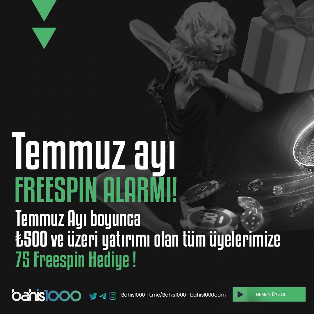 Bahis1000com's tweet photo. Temmuz Ayı FREESPİN  Alarmı !

Temmuz Ayı boyunca ( 1-31 Temmuz tarihleri arasında) minimum 500₺ ve üzeri yatırımı olan tüm üyelerimize 75 Freespin Hediye !

Freespinler 6 Ağustos 00:00 ' dan sonra otomatik olarak hesaplarınıza Eklenmiştir. https://t.co/1eEVjL2Za7