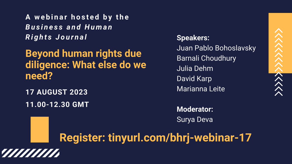 Join our BHRJ webinar on 17 August 2023 for discussing our upcoming special issue on 'Beyond HRDD: What Else Do We Need?'. Register for conversation with @juliadehm @UKCLA1 @davidjasonkarp @ProfSuryaDeva @DrMariannaLeite & Juan Pablo Bohoslavsky. cambridge.org/core/journals/…