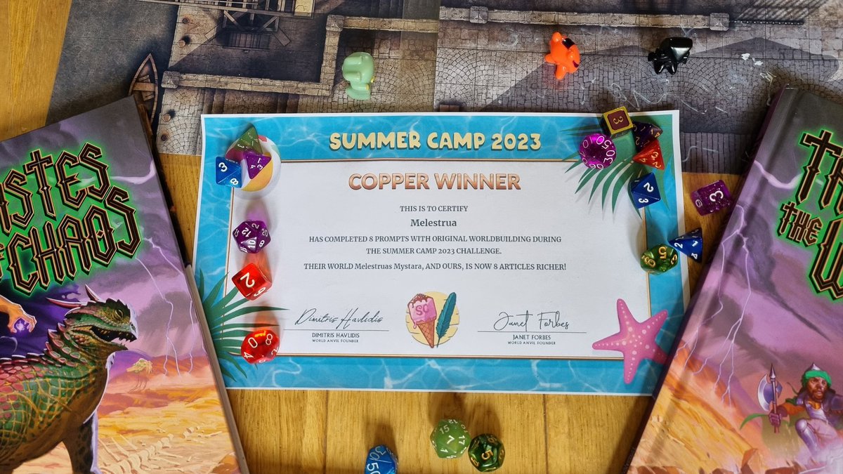 Melestrua's tweet photo. I got my @WorldAnvil copper #WAsummercamp certificate - 8 prompts answered. And @KoboldPress Wastes of Chaos books have arrived. With gorgeous background maps by @HeroicMaps https://t.co/pt481VaDeP